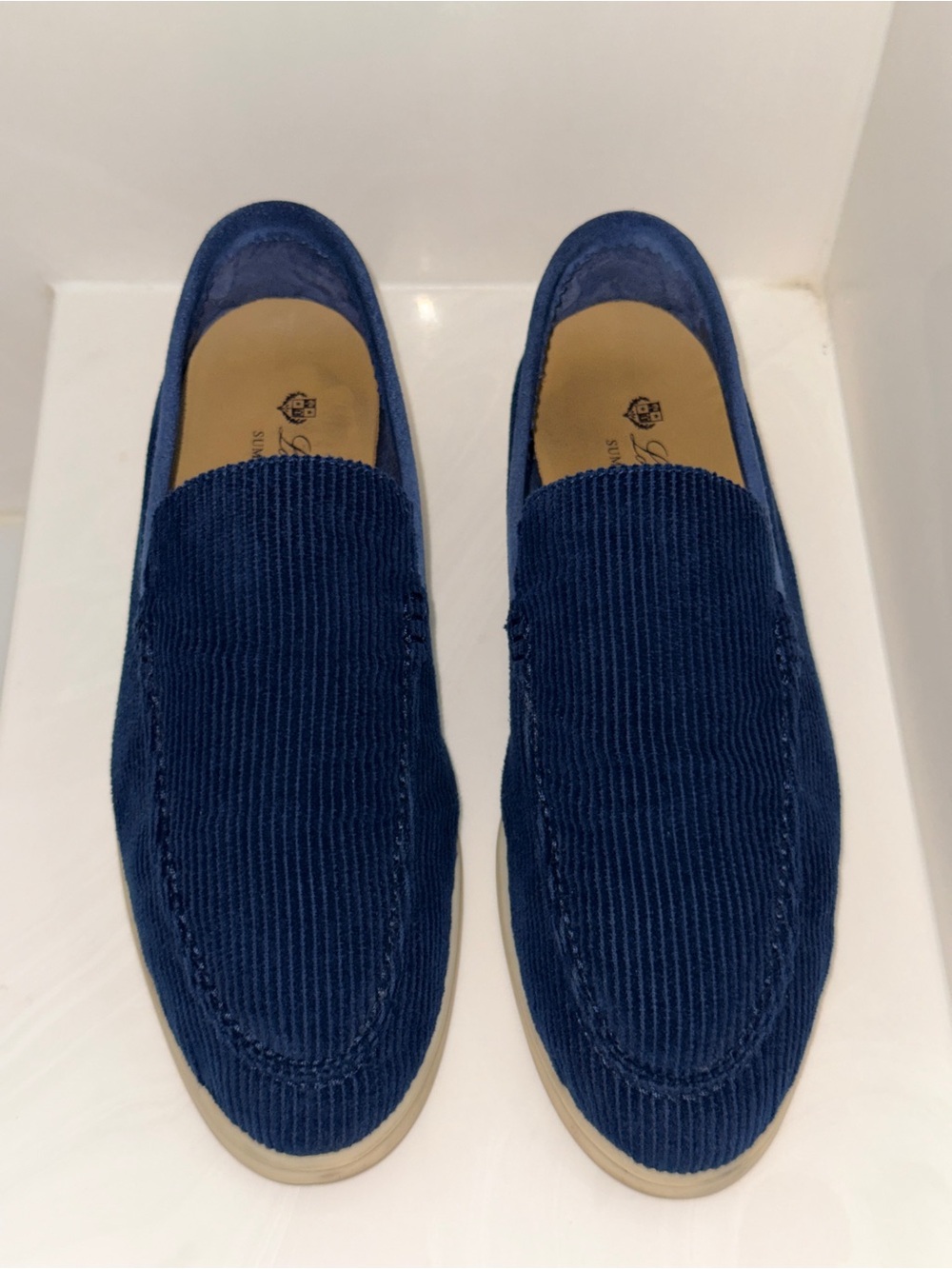 Loro Piana Navy Corduroy Slip-On Loafers